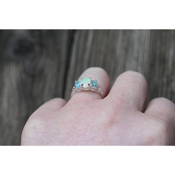 Aquamarine and opal engagement ring sterling silver size 3 4 5 6 7 8 9 10 11 12 - Picture 2 of 3